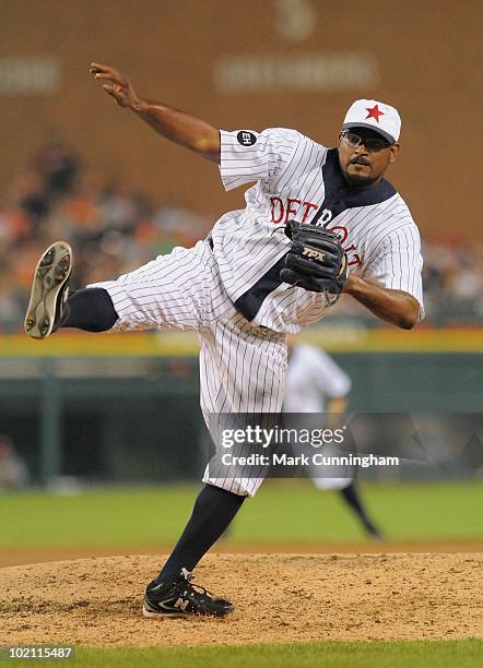 Jose Valverde of the Detroit Tigers pitches while wearing a Detroit Stars Negro League Tribute uniform during the game against the Pittsburgh Pirates...