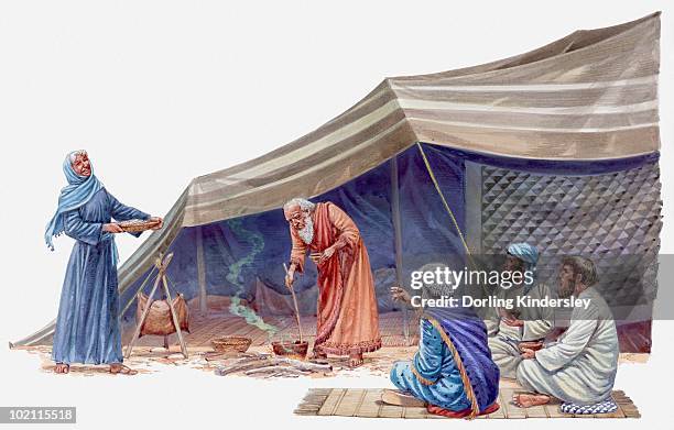 illustration of abraham stirring pot over open fire, three visitors sitting on rug, sarah standing nearby, book of genesis - warming up stock illustrations