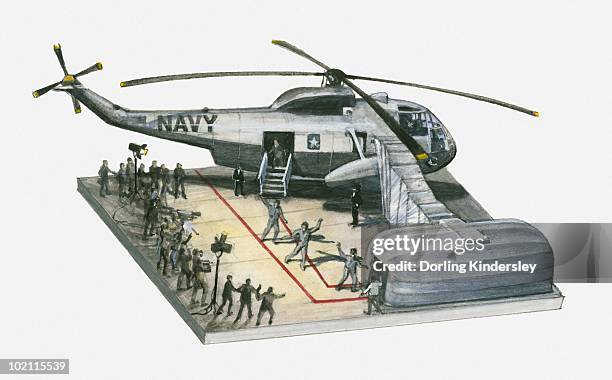 illustration of navy helicopter with astronauts returning from apollo 11 space mission, on ship's landing pad - helipad stock illustrations