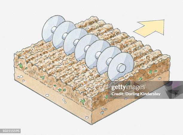 illustration of ploughing field using disc harrow - disc plough stock illustrations