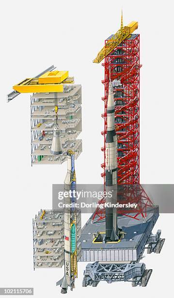 illustration of saturn v rocket on launcher platform, vehicle assembly building and cross-section through rocket - saturn 5 stock illustrations