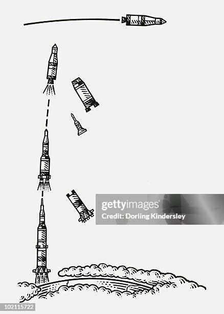 black and white illustration of saturn v rocket being launched - saturn 5 stock illustrations