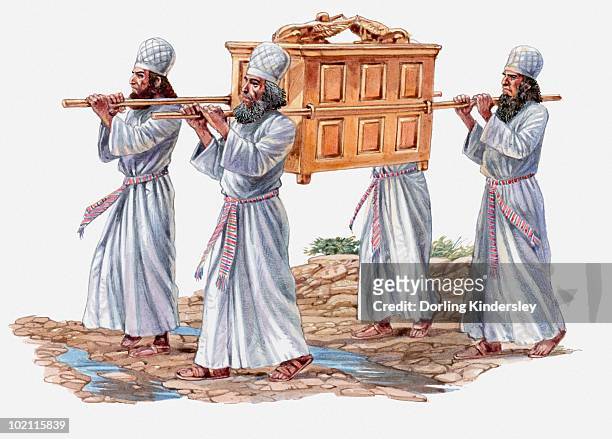 stockillustraties, clipart, cartoons en iconen met illustration of four priests carrying the ark of the covenant and crossing the river jordan - ark of the covenant
