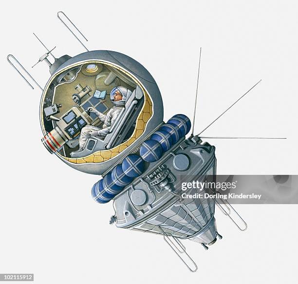 ilustraciones, imágenes clip art, dibujos animados e iconos de stock de illustration of yuri gagarin in vostok spacecraft - gagarin