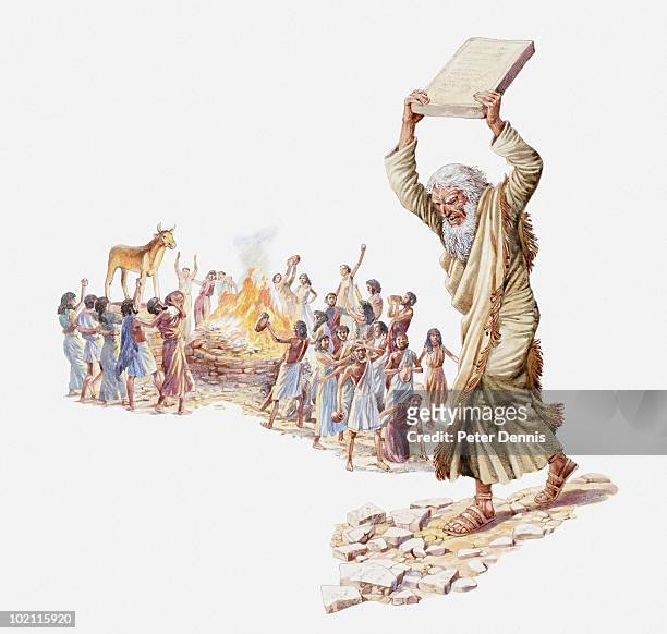 ilustraciones, imágenes clip art, dibujos animados e iconos de stock de illustration of israelites celebrating around the golden calf and moses smashing tablet in anger - calf