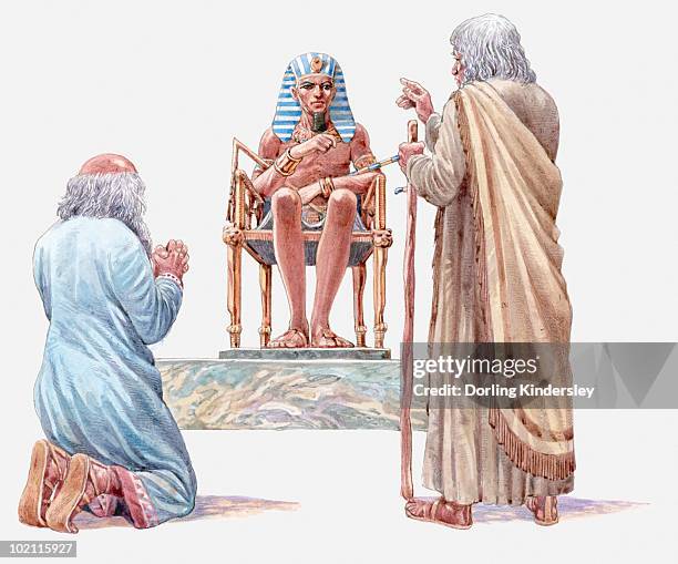 bildbanksillustrationer, clip art samt tecknat material och ikoner med illustration of moses and aaron talking to pharaoh, asking him to release the isrealites, book of exodus - farao