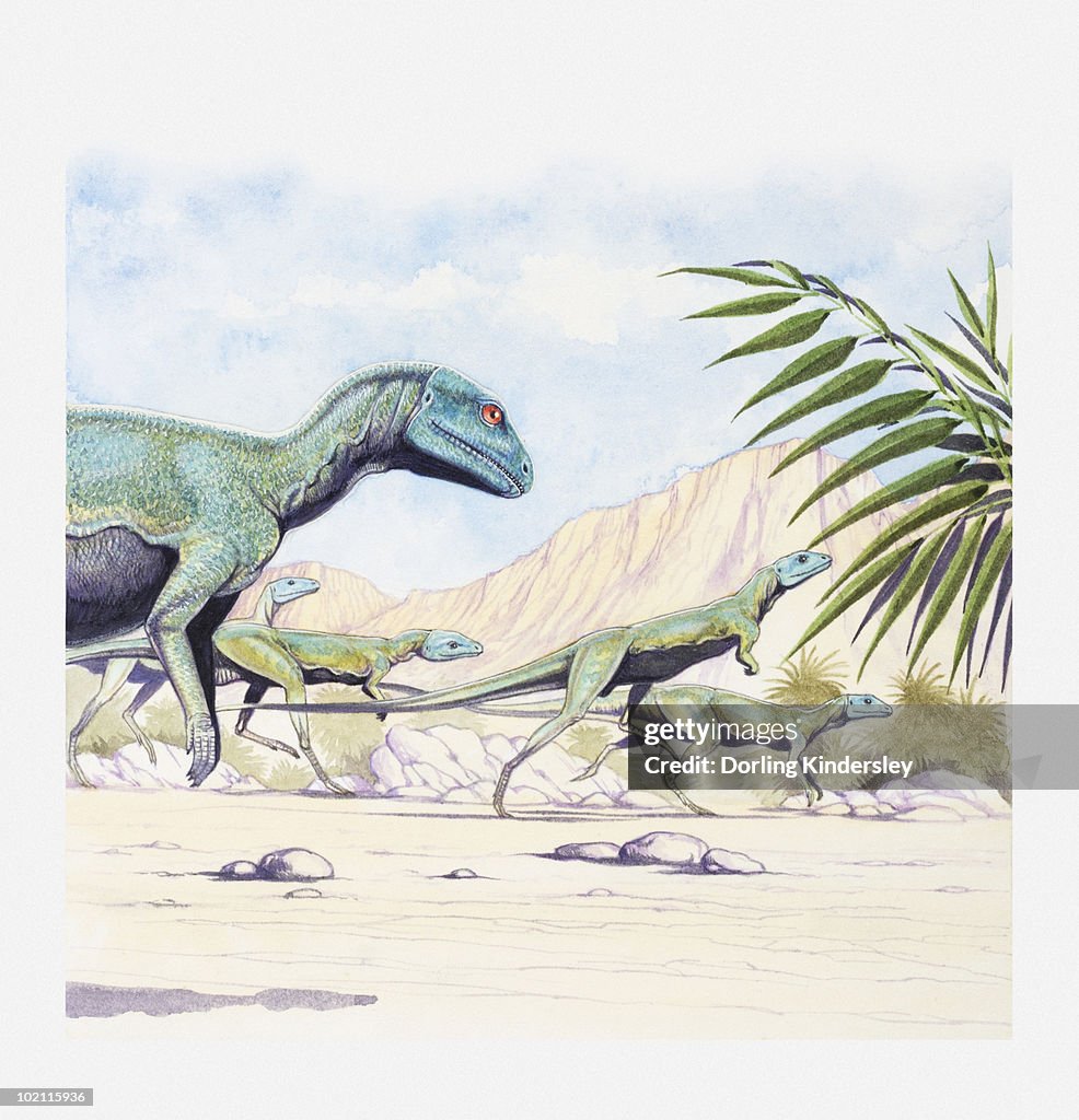 Illustration of a herd of Lesothosaurus on the move, early Jurassic period