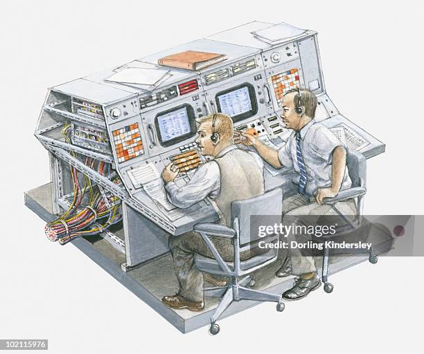 illustration of two men in apollo 11 control room - apollo space mission stock illustrations