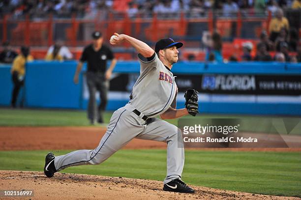 Pitcher John Maine of the New York Mets pitches during a MLB game against the Florida Marlins in Sun Life Stadium on May 15, 2010 in Miami, Florida.
