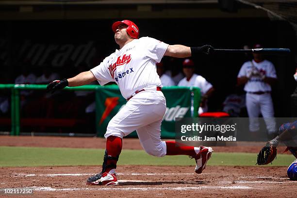 Robert Saucedo of Diablos Rojos in action against Acereros de Monclova during their match at the end of the 2010 Liga Mexicana de Beisebol serie at...