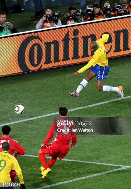 Maicon of Brazil scores the opening goal during the 2010 FIFA World Cup South Africa Group G match between Brazil and North Korea at Ellis Park...