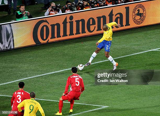 Maicon of Brazil scores the opening goal during the 2010 FIFA World Cup South Africa Group G match between Brazil and North Korea at Ellis Park...