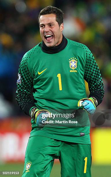 Julio Cesar of Brazil celebrates his team going ahead after team mate Maicon opens the scoring during the 2010 FIFA World Cup South Africa Group G...