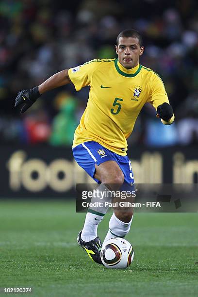 Felipe Melo of Brazil runs with the ball during the 2010 FIFA World Cup South Africa Group G match between Brazil and North Korea at Ellis Park...