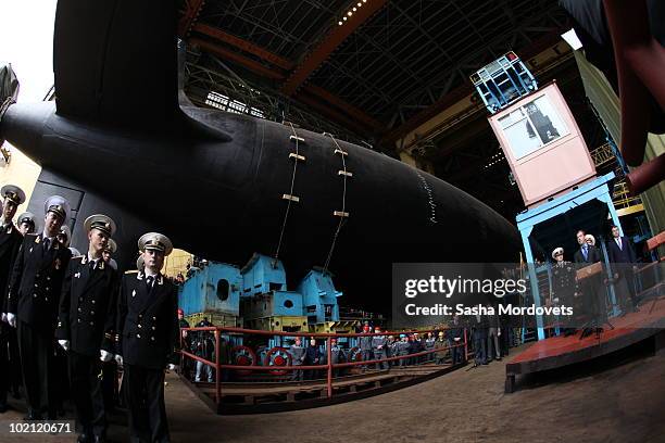 Russian President Dmitry Medvedev speaks during a ceremony to launch the multipurpose nuclear submarine 'Severodvinsk' at the Sevmash shipyard June...