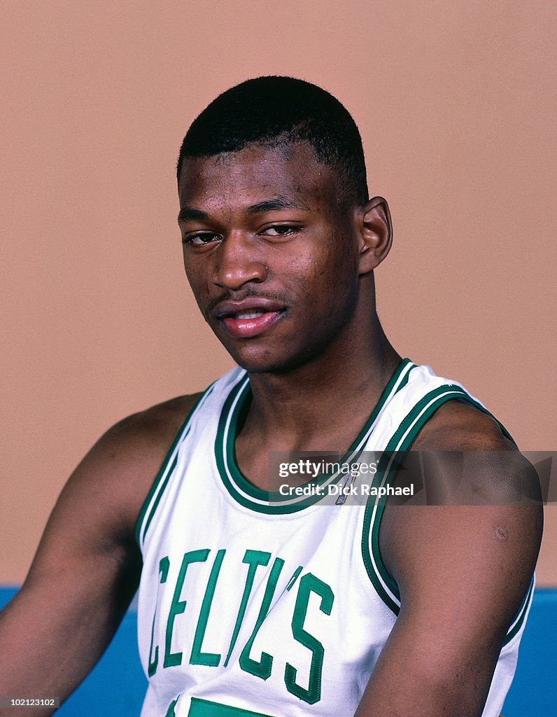 Reggie Lewis of the Boston Celtics poses for a portrait in 1987 at ...