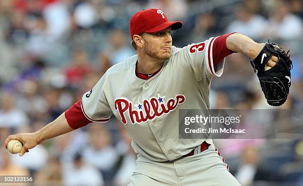 Roy Halladay of the Philadelphia Phillies delivers a pitch against the New York Yankees on June 15, 2010 at Yankee Stadium in the Bronx borough of...