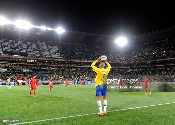 Maicon of Brazil looks to inbound the ball during the 2010 FIFA World Cup South Africa Group G match between Brazil and North Korea at Ellis Park...