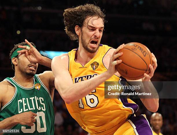 Pau Gasol of the Los Angeles Lakers rebounds the ball in front of Rasheed Wallace of the Boston Celtics in the first quarter of Game Six of the 2010...