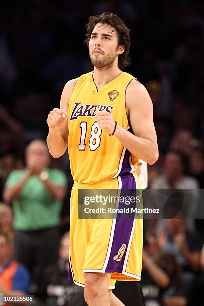 Sasha Vujacic of the Los Angeles Lakers reacts in the first half while taking on the Boston Celtics in Game Six of the 2010 NBA Finals at Staples...