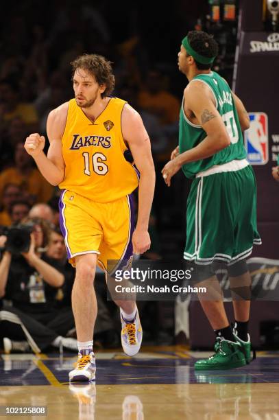 Pau Gasol of the Los Angeles Lakers pumps his fist against Rasheed Wallace of the Boston Celtics in Game Six of the 2010 NBA Finals on June 15, 2010...