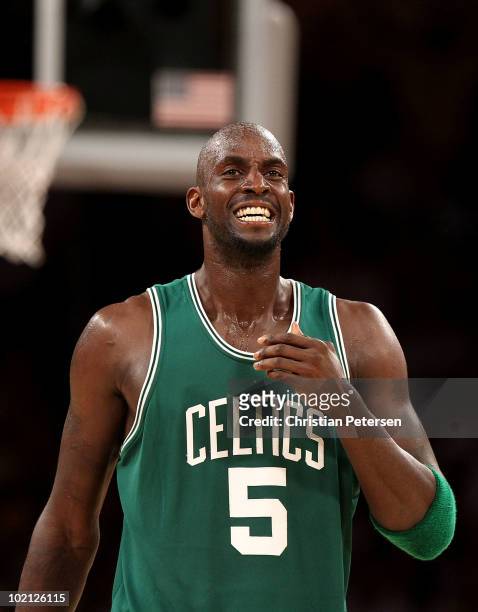 Kevin Garnett of the Boston Celtics reacts in the first half against the Los Angeles Lakers in Game Six of the 2010 NBA Finals at Staples Center on...
