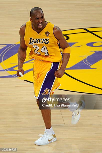 Kobe Bryant of the Los Angeles Lakers reacts in the second half of Game Six of the 2010 NBA Finals against the Boston Celtics at Staples Center on...