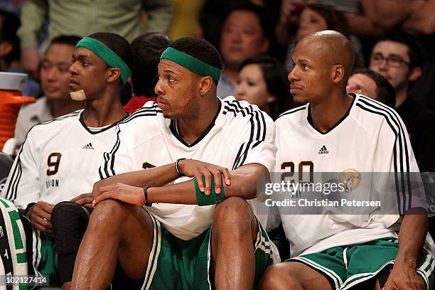 Rajon Rondo, Paul Pierce and Ray Allen of the Boston Celtics sit on the bench during the Celtics' loss to the Los Angeles Lakers in Game Six of the...