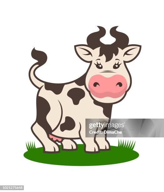 cute cow mascot on grass - cartoon character - holstein friesian cattle stock illustrations