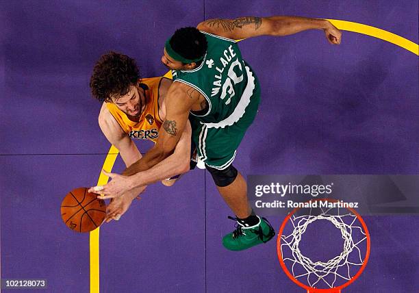 Pau Gasol of the Los Angeles Lakers goes up for a shot against Rasheed Wallace of the Boston Celtics in Game Six of the 2010 NBA Finals at Staples...