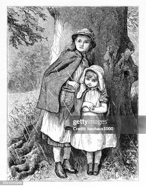 two sisters taking shelter from a rain shower under a tree, american victorian engraving, 1882 - victorian girl dress stock illustrations