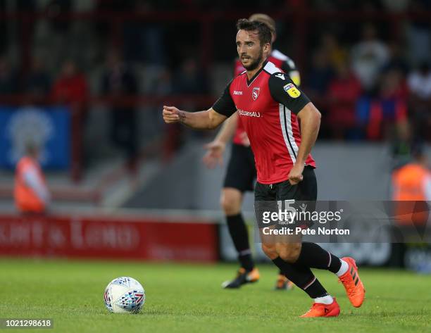 Aaron Wildig of Morecambe in action during the Sky Bet League Two match between Morecambe and Northampton Town at Globe Arena on August 21, 2018 in...