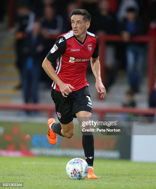 Luke Conlan of Morecambe in action during the Sky Bet League Two match between Morecambe and Northampton Town at Globe Arena on August 21, 2018 in...