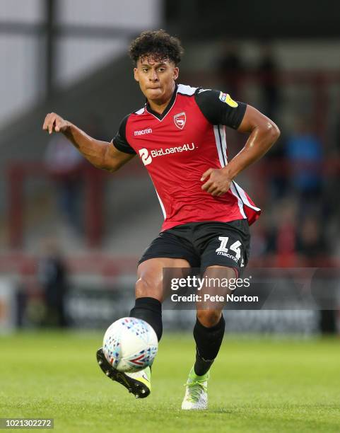 Josef Yarney of Morecambe in action during the Sky Bet League Two match between Morecambe and Northampton Town at Globe Arena on August 21, 2018 in...