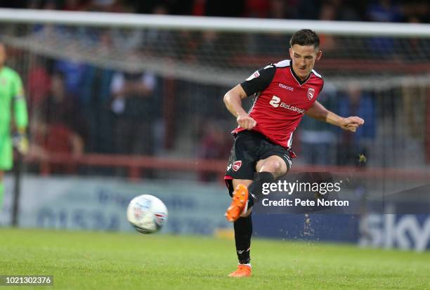 Luke Conlan of Morecambe in action during the Sky Bet League Two match between Morecambe and Northampton Town at Globe Arena on August 21, 2018 in...