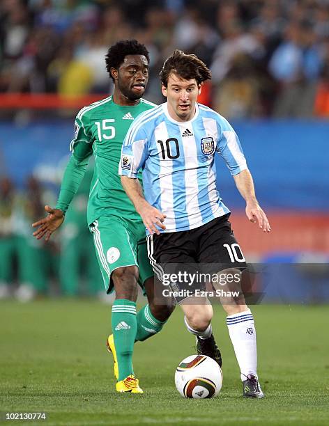 Lionel Messi of Argentina runs with the ball during the 2010 FIFA World Cup South Africa Group B match between Argentina and Nigeria at Ellis Park...