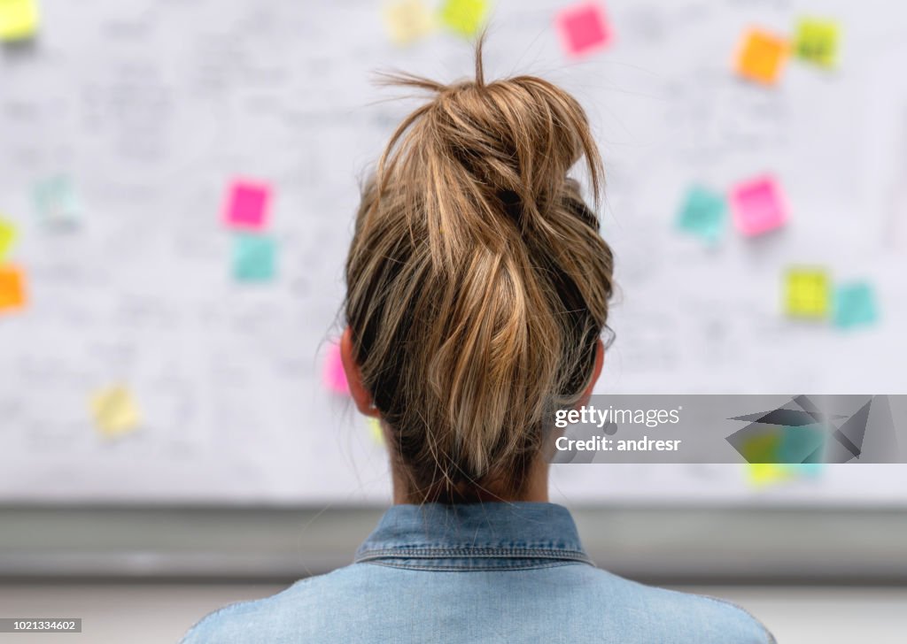 Mulher de negócios criativos no escritório usando um quadro de debate de ideias