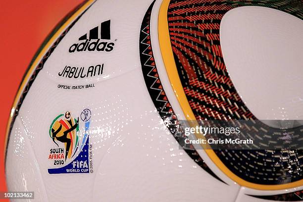 Close up view of the Jabulani official match ball during a press conference with Argentina's head coach Diego Maradona at Loftus Versefeld Stadium on...