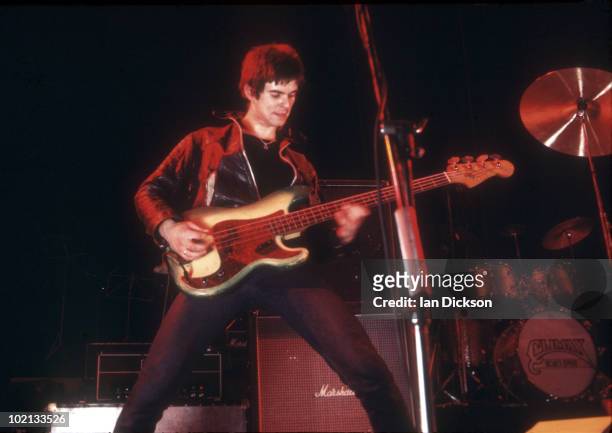 Jean-Jacques Burnel from The Stranglers performs live on stage at The Roundhouse in Camden, London on July 04 1976