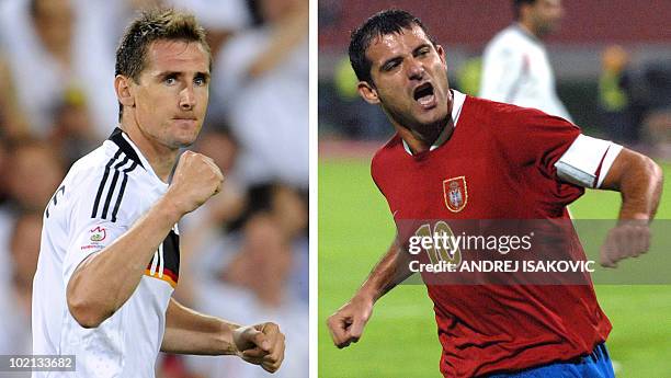 Picture combo shows German forward Miroslav Klose celebrating after scoring during a football match in Basel on June 25, 2008 and Serbia's Dejan...