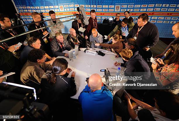 Goalkeeper Tim Howard of US national football team speaks during a press conference at Irene Farm on June 16, 2010 in Irene near Pretoria, South...