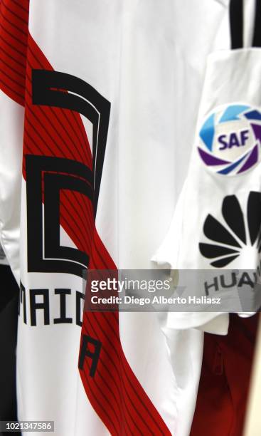 Detail of River Plate player Jonathan Maidana's t-shirt prior to a match between River Plate and Belgrano as part of Superliga Argentina 2018/19 at...