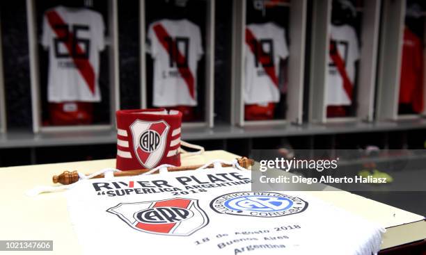 View of the dressing room of River Plate prior to a match between River Plate and Belgrano as part of Superliga Argentina 2018/19 at Estadio...