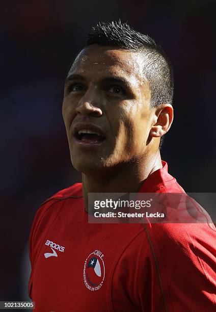 Alexis Sanchez of Chile looks on during the 2010 FIFA World Cup South Africa Group H match between Honduras and Chile at the Mbombela Stadium on June...