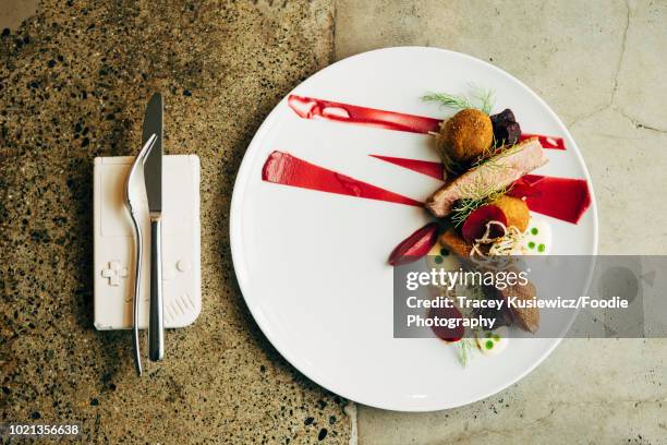 duck breast with beets appetizer - molecular gastronomy stock-fotos und bilder