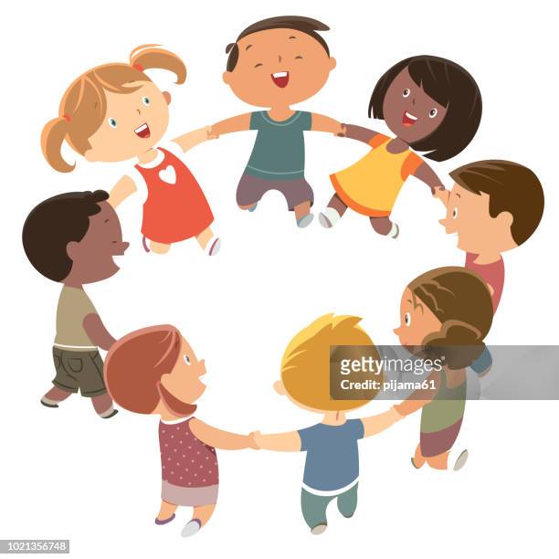 cute kids holding hands and dancing - children only stock illustrations