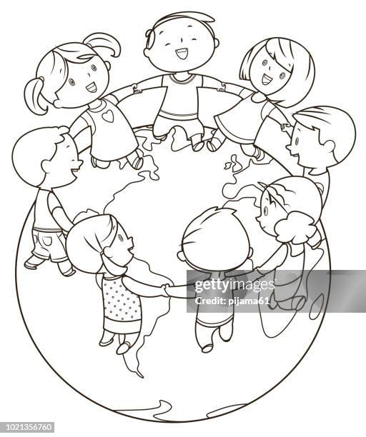 coloring book, cute kids holding hands and dancing around the world - line drawing people dancing stock illustrations