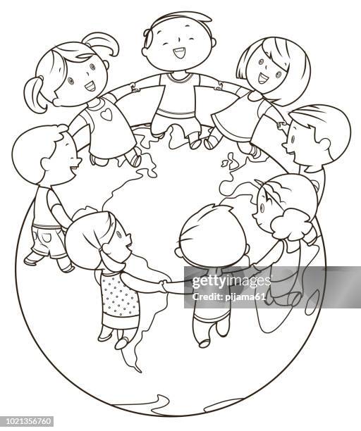 coloring book, cute kids holding hands and dancing around the world - coloring book stock illustrations