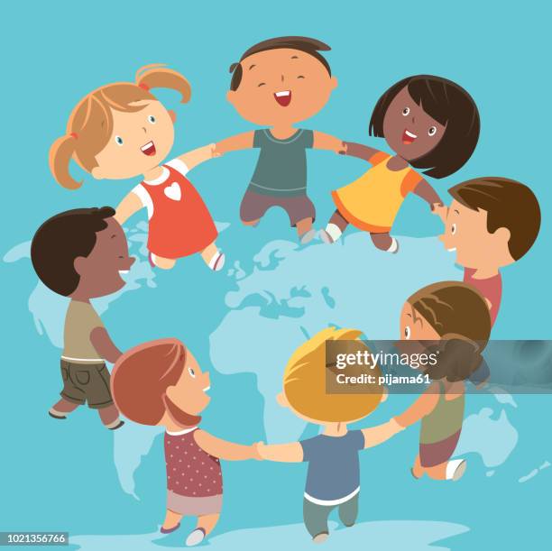 children holding hands and dancing around the world - hispanic elementary students stock illustrations