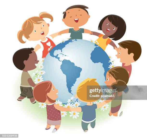 ilustraciones, imágenes clip art, dibujos animados e iconos de stock de amar a nuestra tierra. diversos niños aman y protegen al mundo. - girl smile